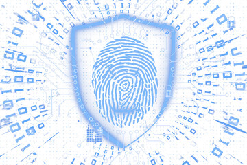 Leinwandbilder - Blue fingerprint within a shield icon, with digital circuit patterns radiating outward on a clean white background. Concept of cybersecurity. 3D Rendering.