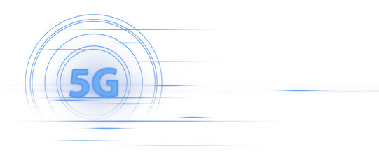 Poster - Abstract 5G symbol in blue with circular lines and motion blur effect on a clean white background. Concept of connectivity and speed. 3D Rendering.