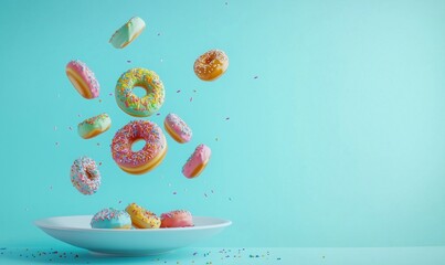 Poster - Colorful donuts floating above plate, vibrant sprinkles, turquoise background, playful dessert scene