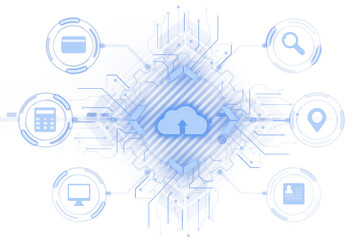 Aufkleber - Cloud icon with interconnected tech symbols and circuit lines in blue holographic style on a white background, concept of virtual technology. 3D Rendering.