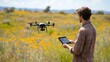 © thesweetsheep - A man operates a drone in a vibrant flower-filled field using a tablet.