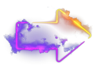 Aufkleber - Neon glowing arrow outlined in vibrant purple, pink, and yellow hues, surrounded by colorful clouds on a white background. Futuristic concept. 3D Rendering.