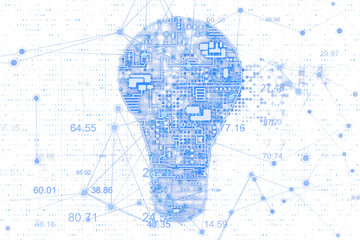 Canvas Print - Digital circuit light bulb with interconnected dots, lines, and numbers on a white background, symbolizing innovation and technology. 3D Rendering.