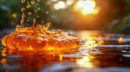 Poster - A golden splash of oil drops captured in mid-air, radiating energy and warmth in vibrant hues
