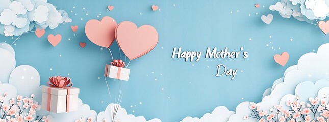 Sticker - Happy Mother's Day background with heart shaped balloon flying and gift box