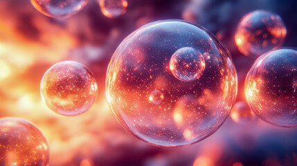 Poster - Abstract glowing spheres floating in a colorful space, evoking a futuristic and ethereal atmosphere