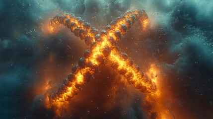 Poster - A dramatic scene of two intersecting fiery DNA strands breaking apart, set against a dark, smoky backdrop for dynamic visuals
