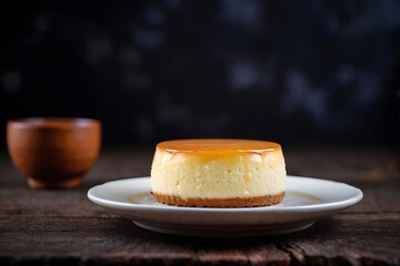 Wall Mural - Close-up of a small Japanese Cheesecake on the table with copy space.