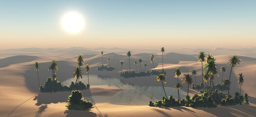 Wall Mural - Oasis at sunset in a sandy desert, a panorama of the desert with palm trees,
3d rendering