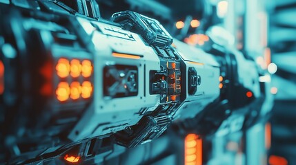 Poster - Close-up of futuristic robotic arm with glowing orange and blue details.