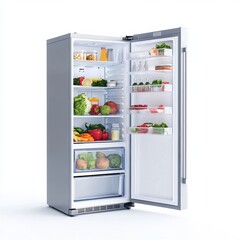 Modern refrigerator with open door displaying fresh vegetables, fruits, and beverages.