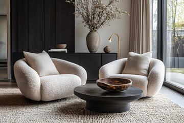 Wall Mural -  Minimalist, scandinavian interior design of modern living room. Two boucle armchairs near round black coffee table. 