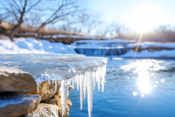 Icicles hang from frozen rock above a blue winter stream.