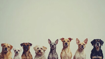 Poster - A diverse group of dogs sits closely together, showcasing different breeds and sizes in a serene environment with ample room for text. Generative AI