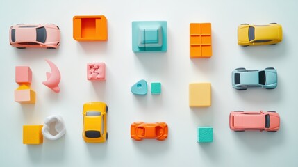 Aufkleber - Brightly colored children's toys like cars, blocks, and dolls arranged flat on a white background, providing space for text or design elements. Generative AI