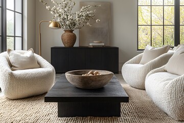 Wall Mural -  Minimalist, scandinavian interior design of modern living room. Two boucle armchairs near round black coffee table. 