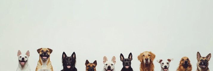 Poster - Various dog breeds sit happily in a row, showcasing their distinct sizes and colors with a simple background for text placement. Generative AI