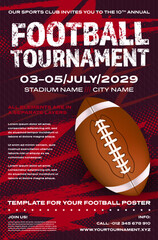 Wall Mural - american football tournament poster template with ball and dynamic halftone grungy background