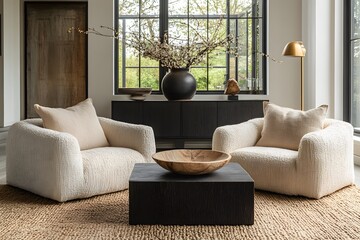 Wall Mural -  Minimalist, scandinavian interior design of modern living room. Two boucle armchairs near round black coffee table. 