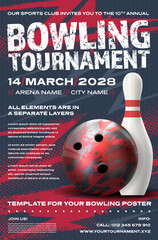 Wall Mural - bowling tournament poster template with ball, pin and dynamic halftone grungy background