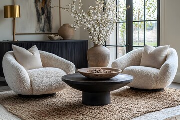 Wall Mural -  Minimalist, scandinavian interior design of modern living room. Two boucle armchairs near round black coffee table. 