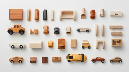 Aufkleber - Colorful assortment of children's toys featuring cars, blocks, and dolls spread out on a white background, perfect for text addition. Generative AI