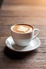 Wall Mural - Close-up of a coffee cup on a table with copy space and warm sunlight.