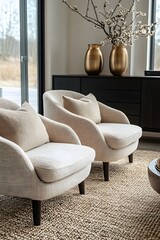 Wall Mural -  Minimalist, scandinavian interior design of modern living room. Two boucle armchairs near round black coffee table. 