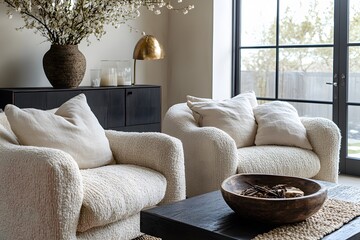 Wall Mural -  Minimalist, scandinavian interior design of modern living room. Two boucle armchairs near round black coffee table. 