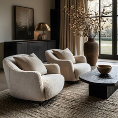 Wall Mural -  Minimalist, scandinavian interior design of modern living room. Two boucle armchairs near round black coffee table. 