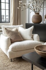 Wall Mural -  Minimalist, scandinavian interior design of modern living room. Two boucle armchairs near round black coffee table. 
