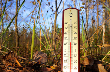 Wall Mural - Thermometer for measuring outdoor air temperature. Cold weather in winter season. Meteorological device for observing, measuring the weather. Weather forecast. Thermometer on autumn background.