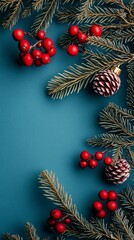 Poster - Christmas border composition on blue background with fir branches, red berries, and pine cones