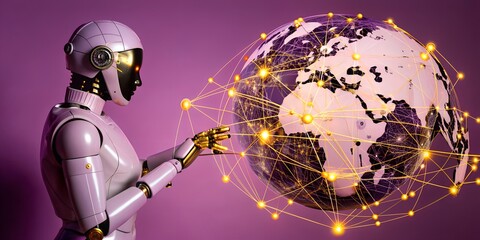 Poster - Global network connections represented by a robotic figure touching a holographic globe with illuminated lines