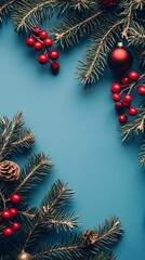 Poster - Christmas frame made of fir branches, red berries, and pine cones on blue background