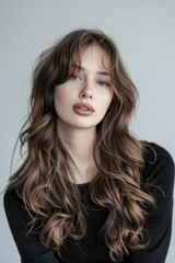 Wall Mural - Portrait of a young woman with wavy brown hair, soft makeup, and a confident gaze in a minimalist studio setting