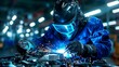 © PixelPlace - Mechanics repair engine restoration. A welder in protective gear works on a metal piece, creating bright sparks in a well-lit industrial setting.
