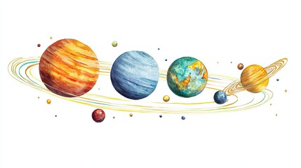 Wall Mural - watercolor painting of planets in orbit around a star