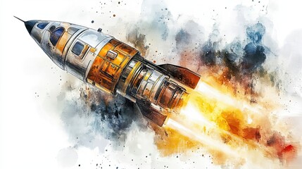Wall Mural - retro rocket ascending through space watercolor style
