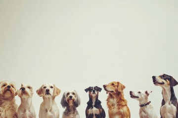 Poster - Dogs of different breeds and sizes are sitting together in a friendly manner, showcasing their unique features against a blank background. Generative AI