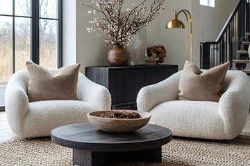 Wall Mural -  Minimalist, scandinavian interior design of modern living room. Two boucle armchairs near round black coffee table. 