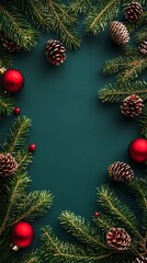 Poster - Christmas border composition with fir branches, red baubles, and pine cones on dark green background