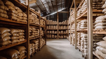 Poster - A clean, spacious warehouse with labeled shelves filled with neatly stacked bags.