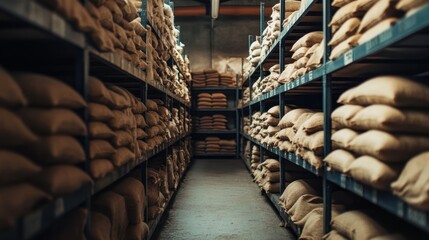 Poster - A neatly organized warehouse with rows of shelves holding stacked bags of raw ingredients