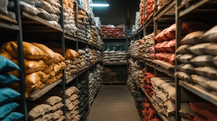 Poster - A neatly organized warehouse with rows of shelves holding stacked bags of raw ingredients
