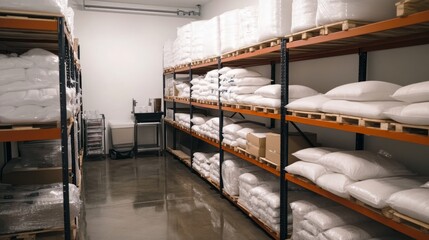 Poster - Clean industrial warehouse with stacked bags of ingredients on multi-tiered shelving units