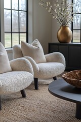 Wall Mural -  Minimalist, scandinavian interior design of modern living room. Two boucle armchairs near round black coffee table. 