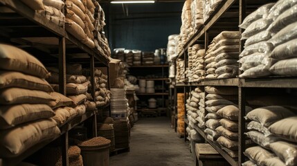 Poster - Industrial warehouse space with rows of shelves stacked with uniform bags of ingredients and products