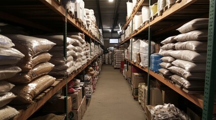 Poster - Industrial warehouse space with rows of shelves stacked with uniform bags of ingredients and products