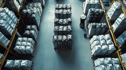 Poster - Overhead view of a warehouse filled with bags of products stored on racks in a clean environment